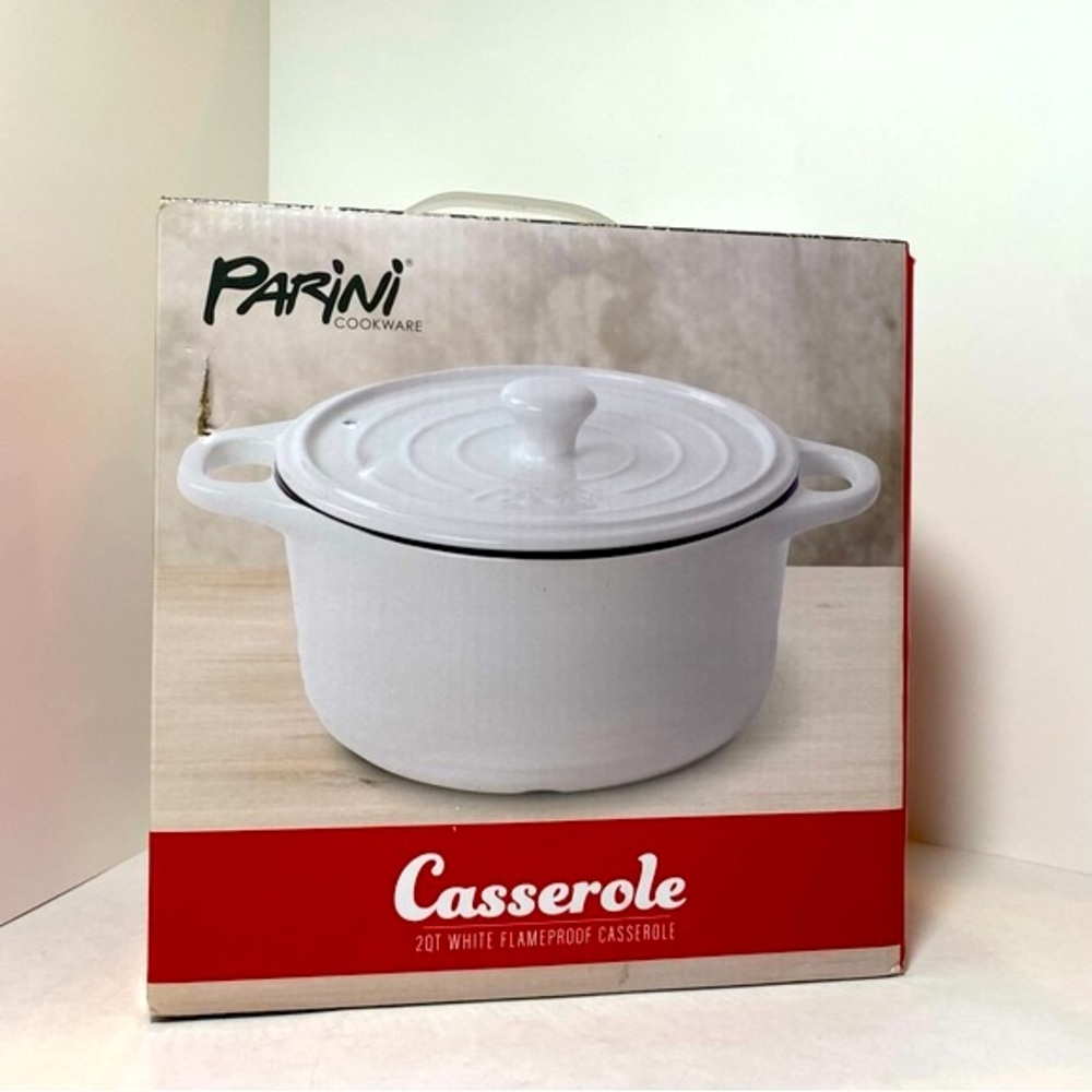 NWT. Parini Casserole 2 QT. White Flameproof